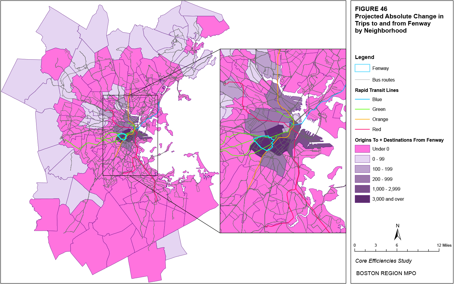This map shows the projected absolute change in trips to and from the Fenway neighborhood by neighborhood.